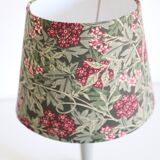Vintage table lamp, wooden base and antique printed lampshade