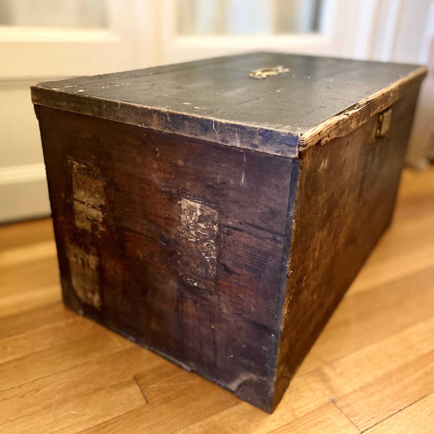 Old wooden trunk chest, vintage flat top