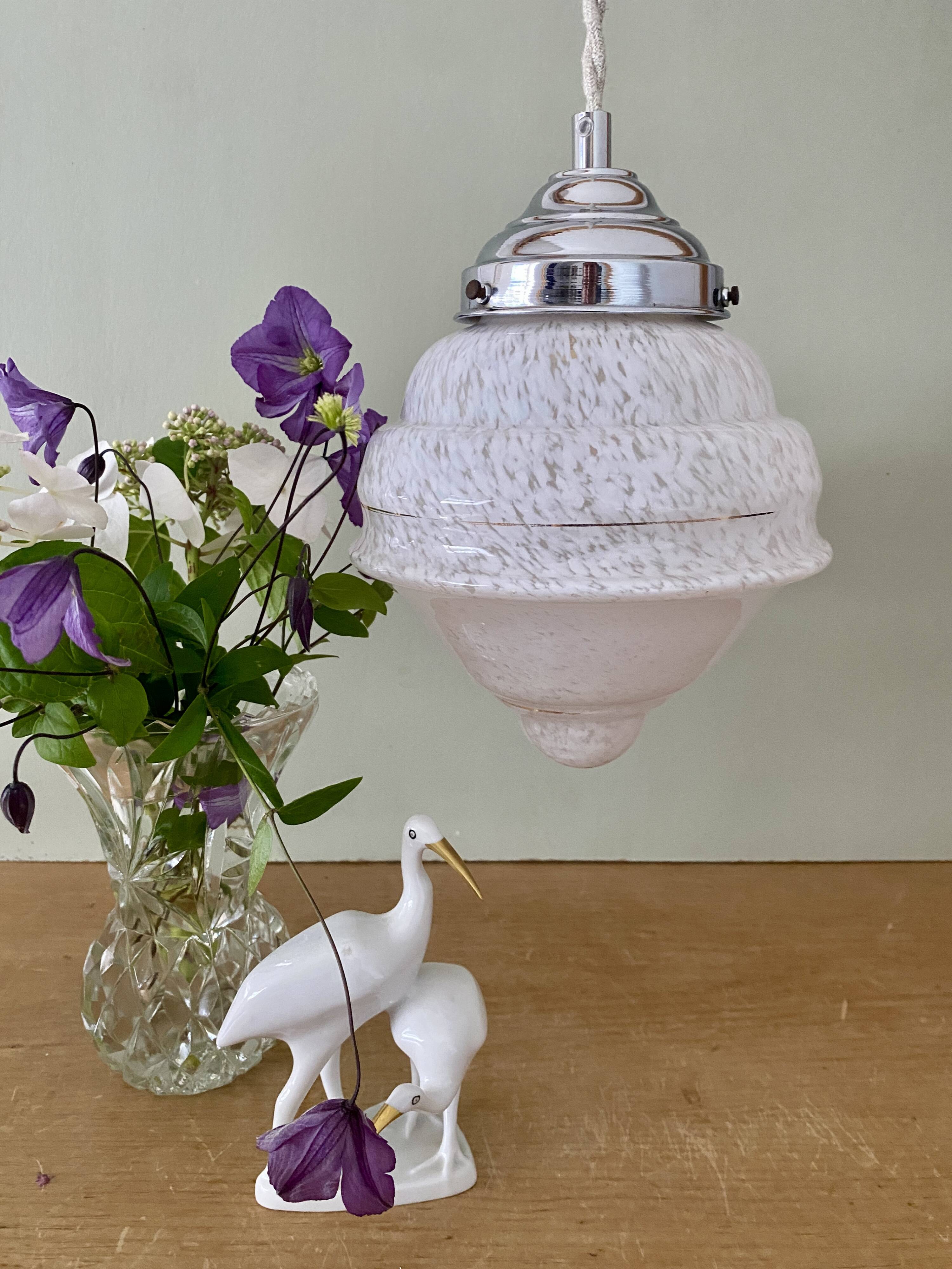 Vintage art deco globe pendant light in white Clichy glass