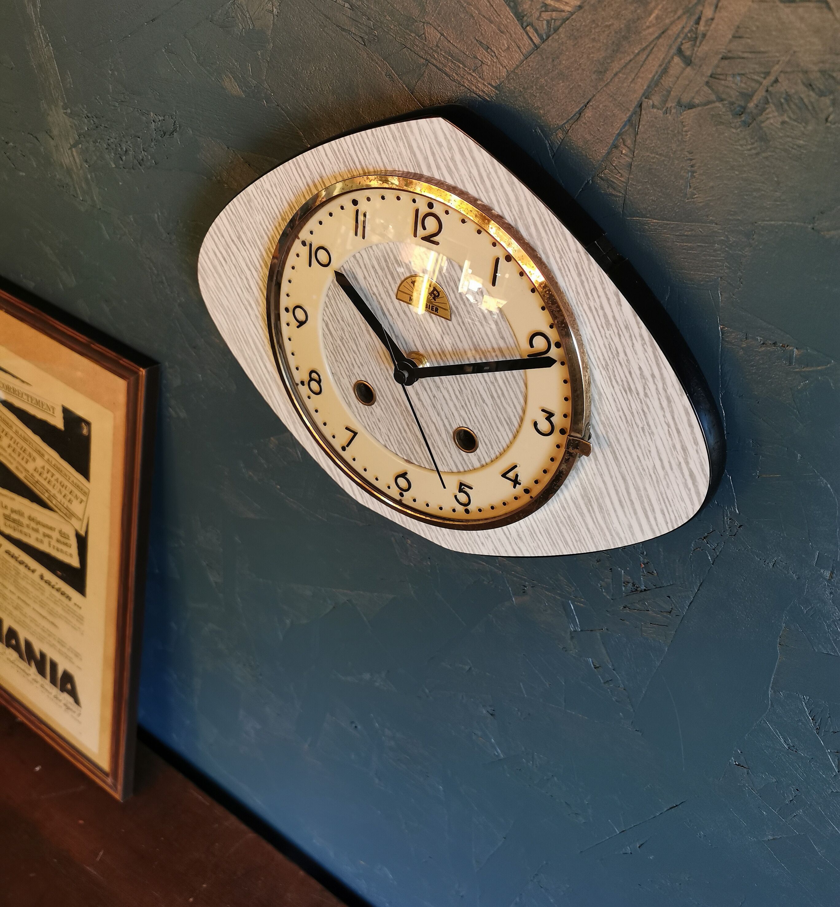 Clock formica wall clock vintage silent 50s "FFR Morbier gray white"