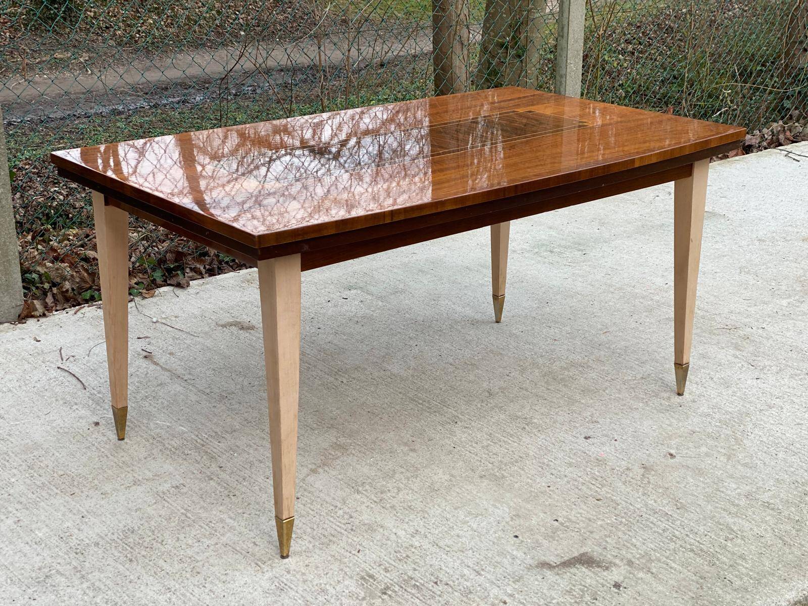 Scandinavian extendable dining table in wood and beautiful lacquered marquetry 230cm