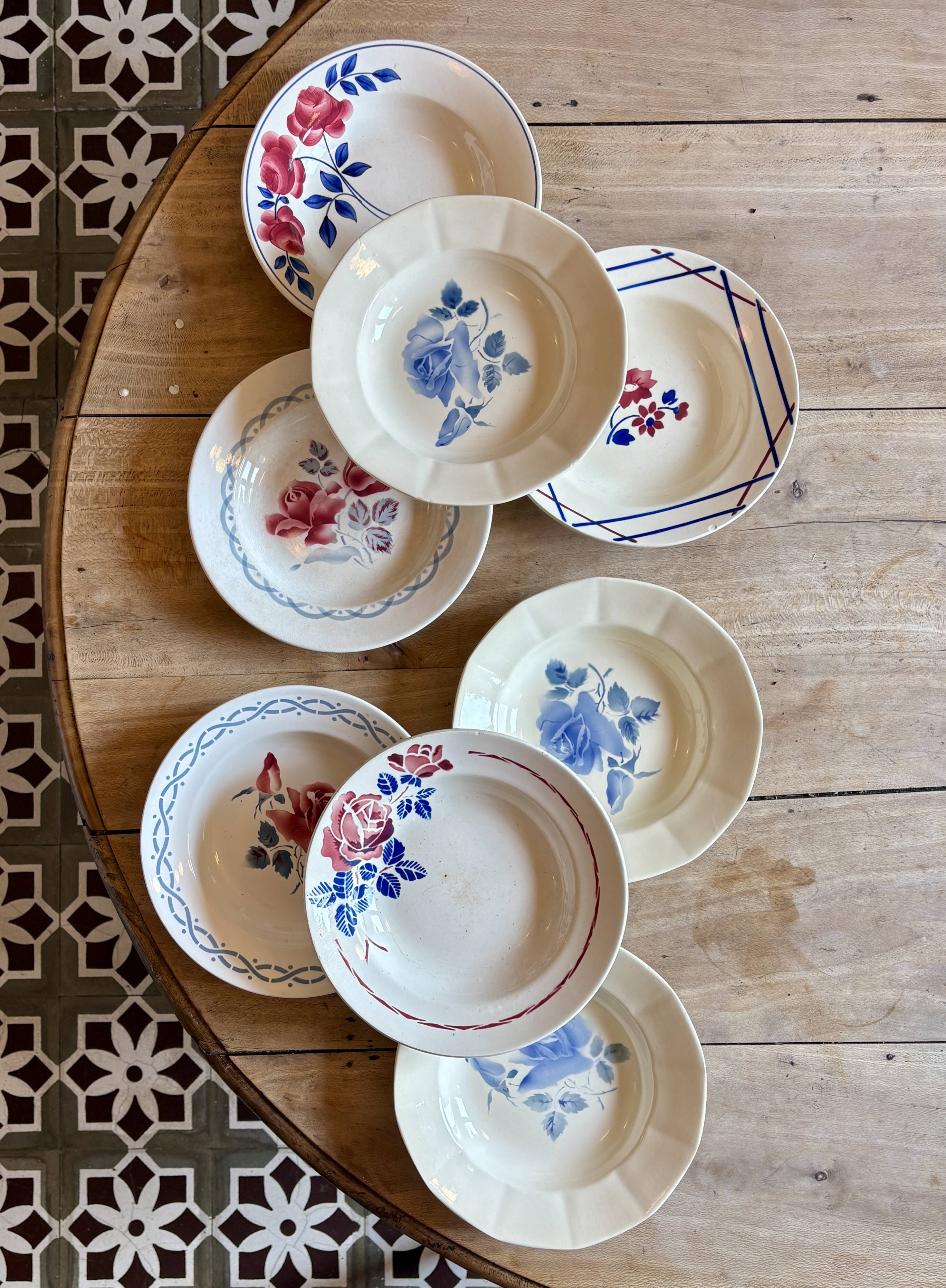 Set of 8 mismatched vintage soup plates