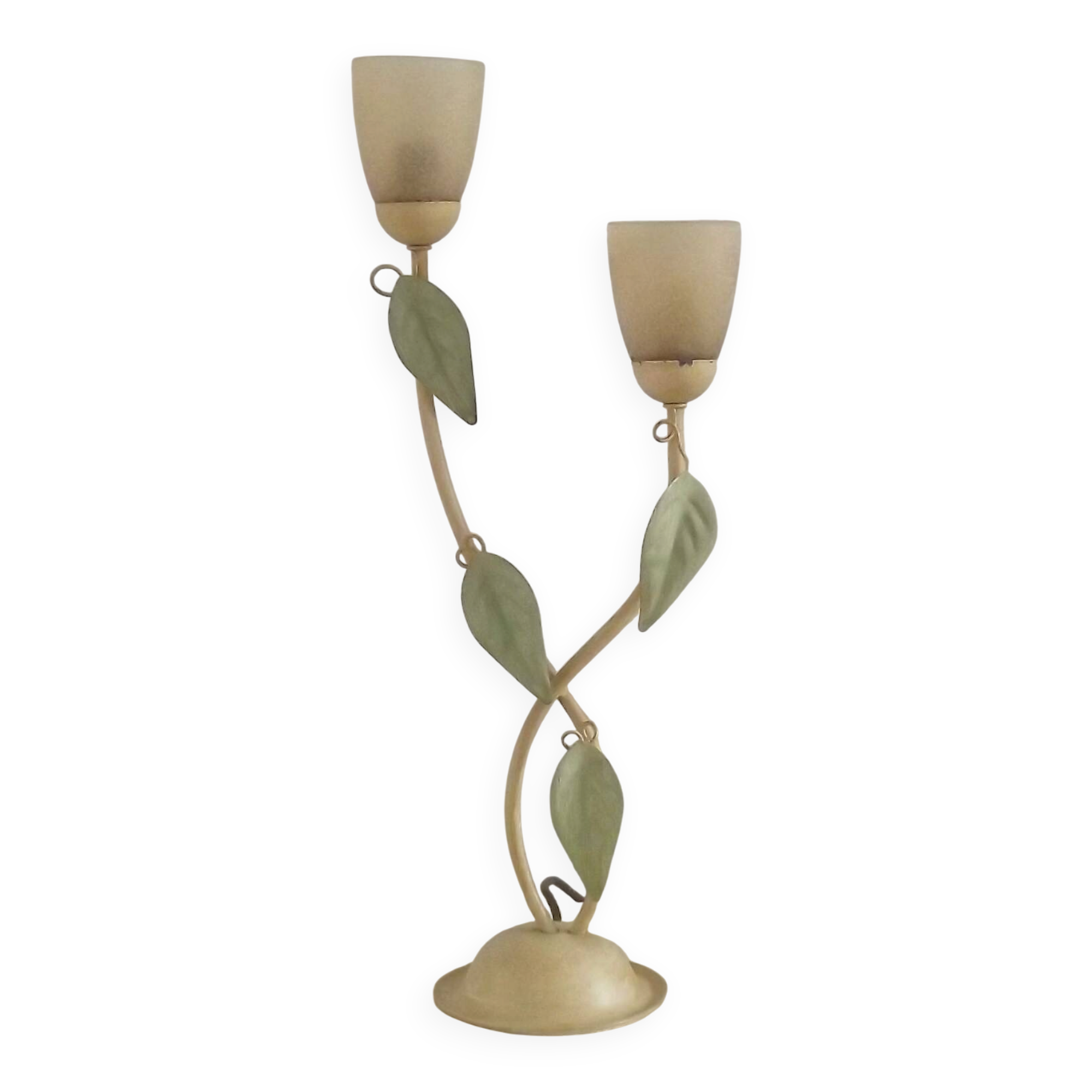 Vintage Italian Double Light Table Lamp Green Leaves Glass Shades