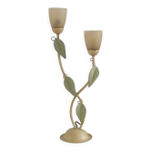 Vintage Italian Double Light Table Lamp Green Leaves Glass Shades