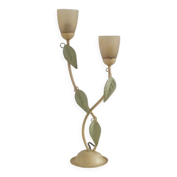 Vintage Italian Double Light Table Lamp Green Leaves Glass Shades