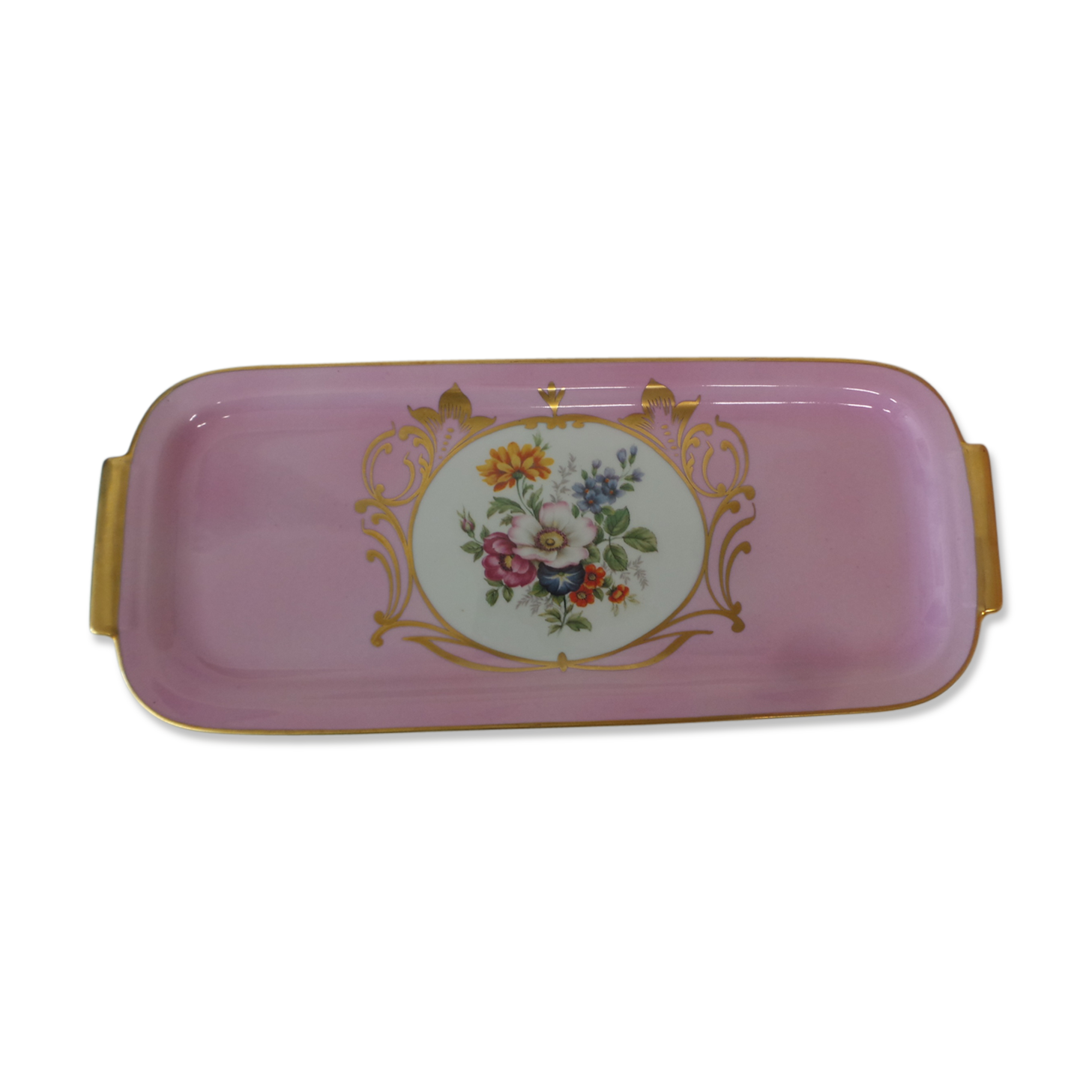 Pink cake dish with floral decoration Limoges