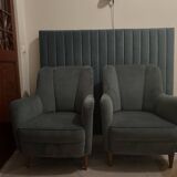 lot pair of signed armchairs with headboard