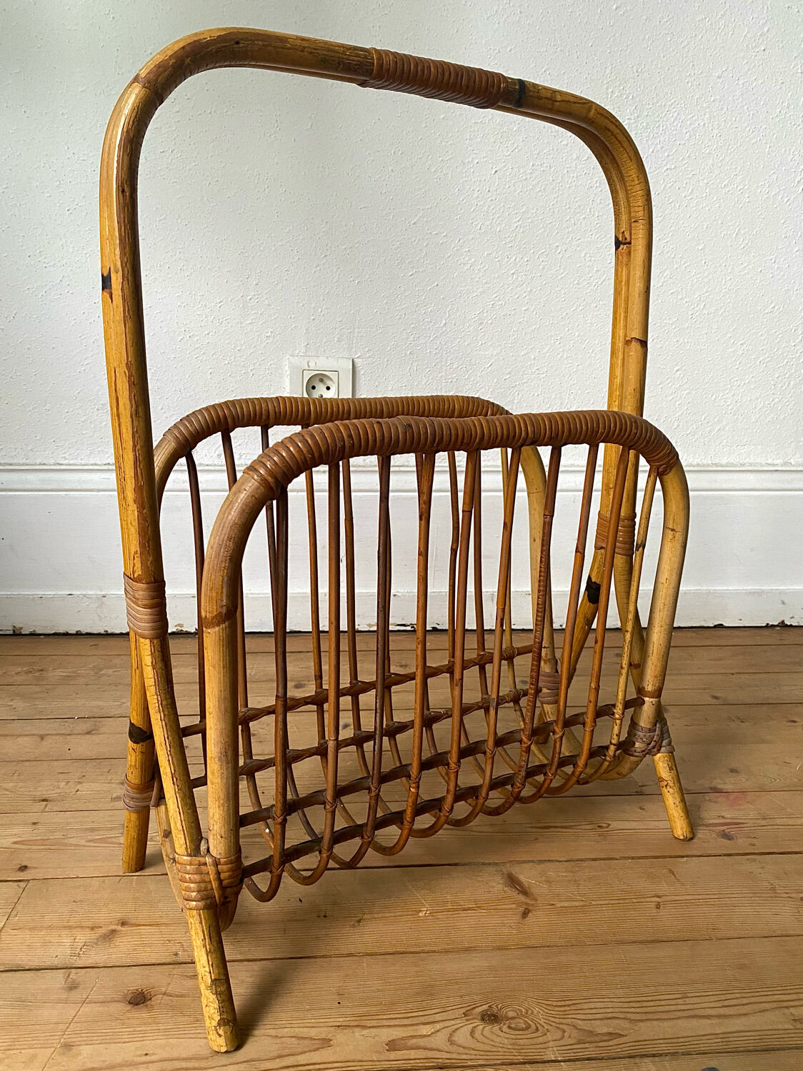 Vintage rattan magazine holder