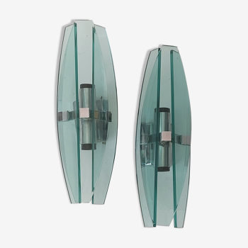 Pair of Veca wall lamps in blue/green tinted glass 1970