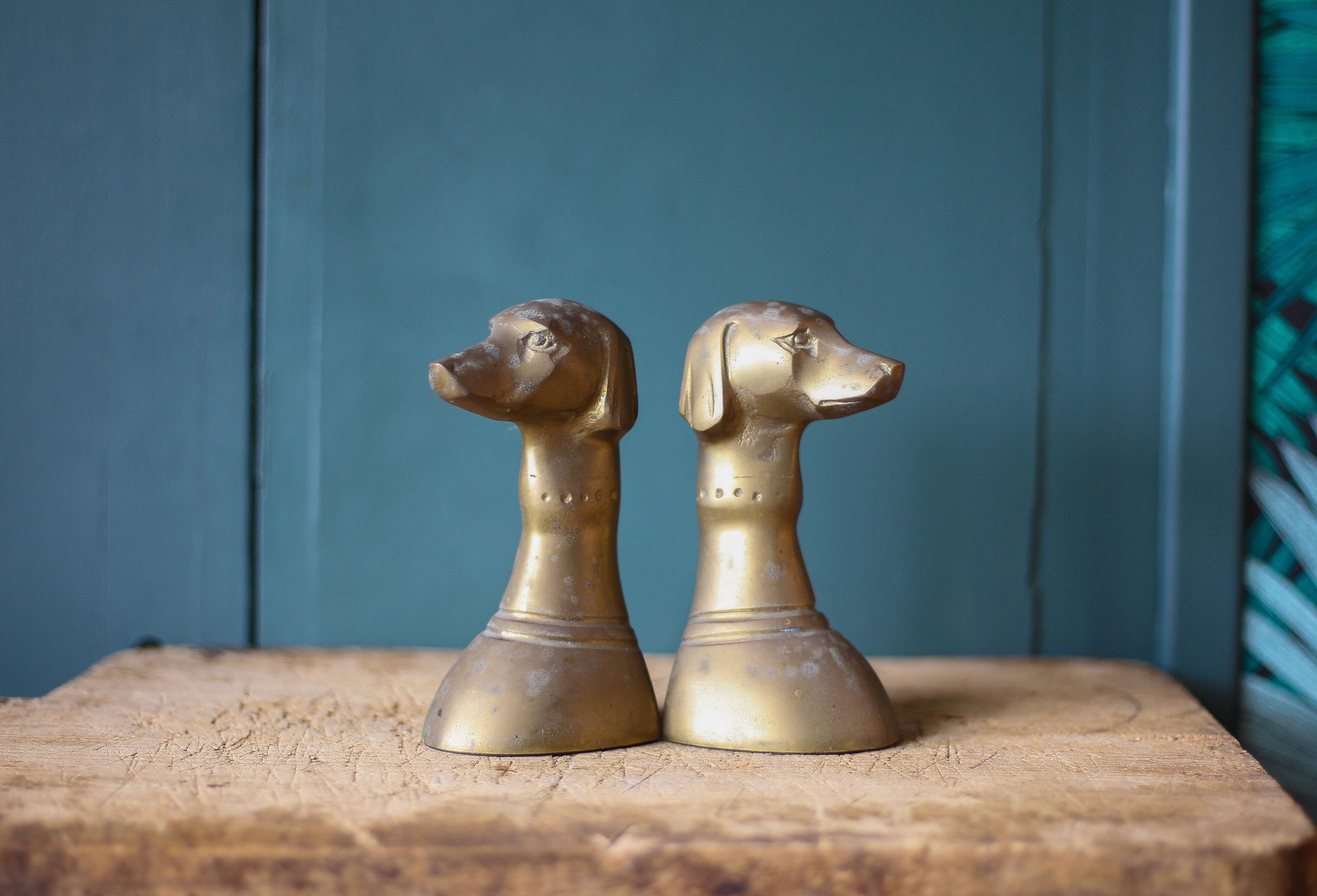 Vintage brass dog head bookends, brass greyhound animals, paperweight, library, office