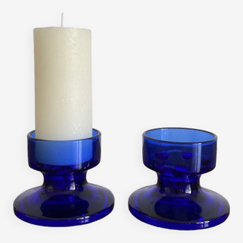 Pair of retro blue glass candle holders