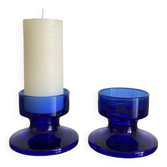 Pair of retro blue glass candle holders