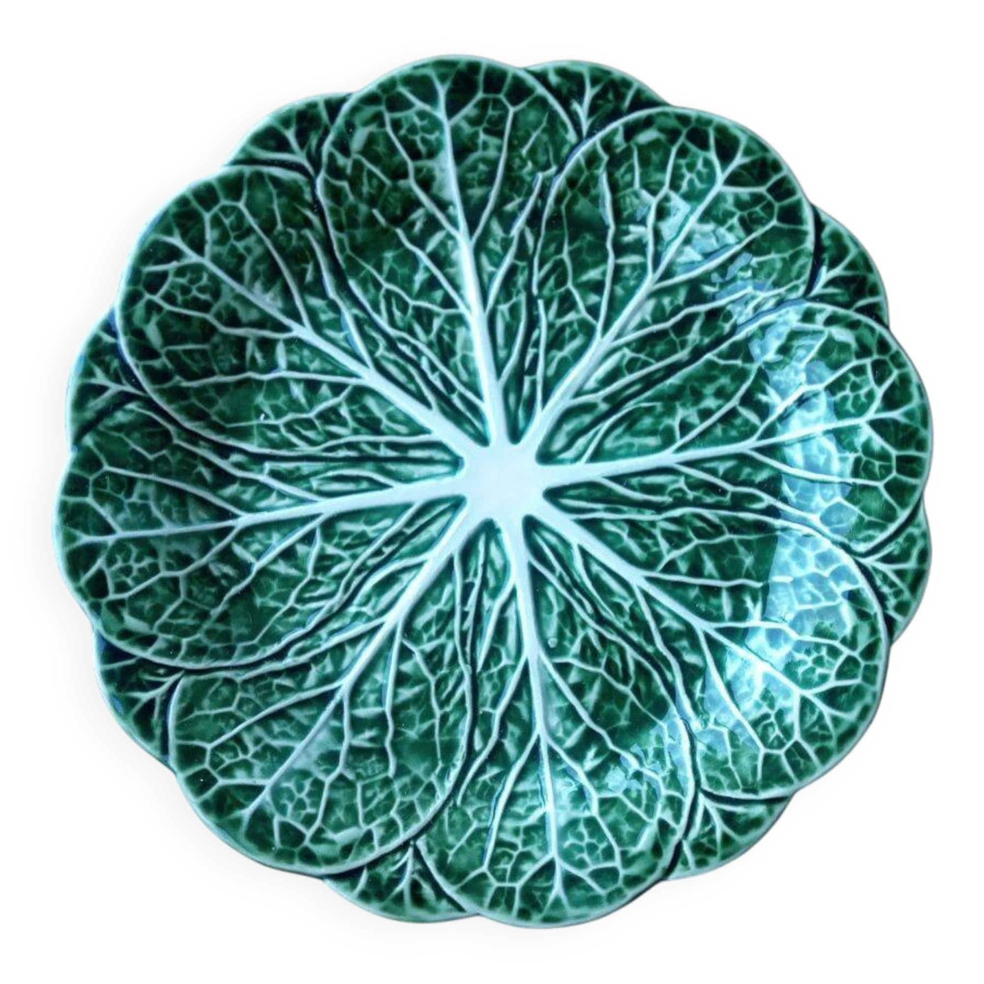 Majolica Cabbage Dish Leaf Green Ceramic Plate Portugal Vintage