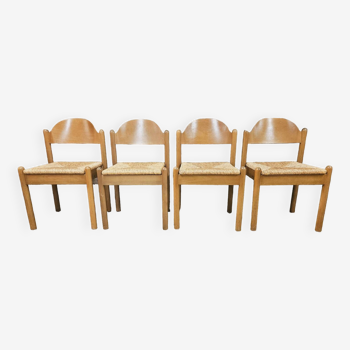 4 chaises en paille dans le style Charlotte Perriand 1970 vintage