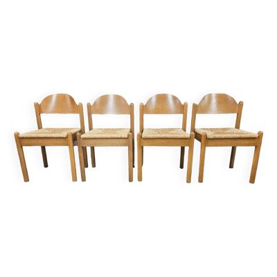 4 chaises en paille dans le style Charlotte Perriand 1970 vintage