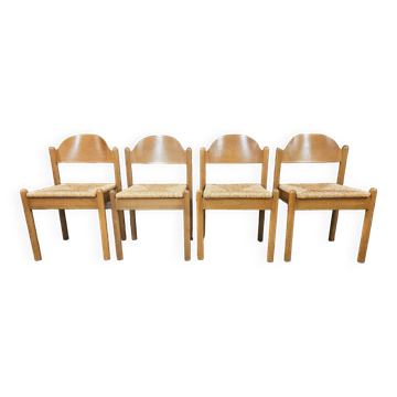 4 chaises en paille dans le style Charlotte Perriand 1970 vintage