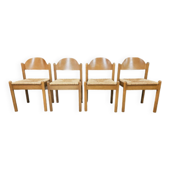 4 chaises en paille dans le style Charlotte Perriand 1970 vintage