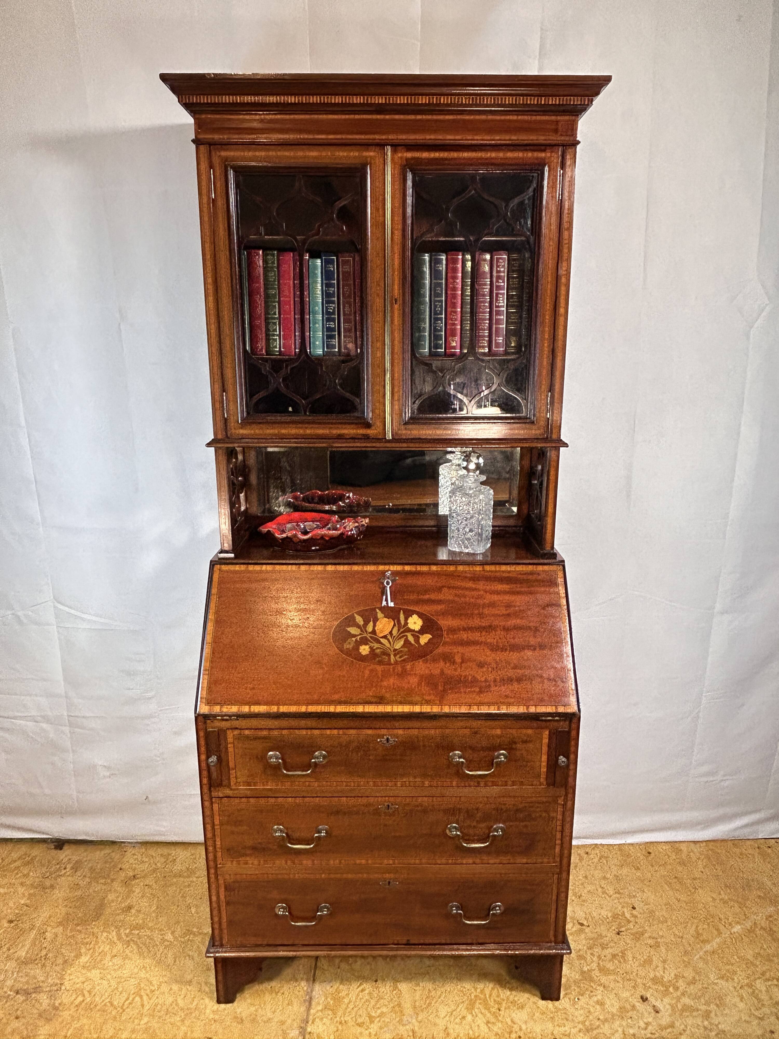 Antique Edwardian Bureau Bookcase with Inlaid Floral Detail – Early 20th Ce