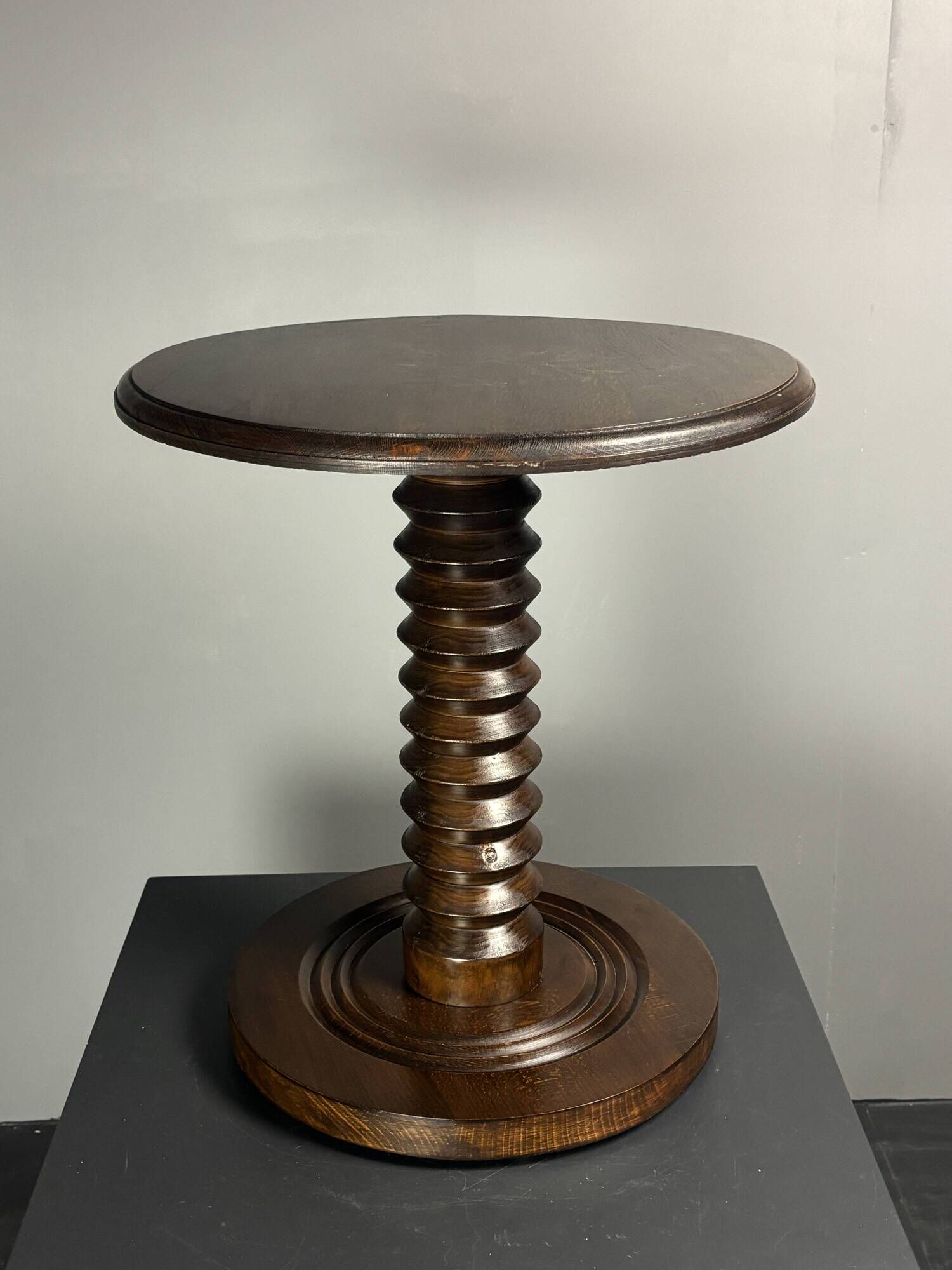 Midcentury brutalist wood turned side table, Charles Dudouyt style, 1950s