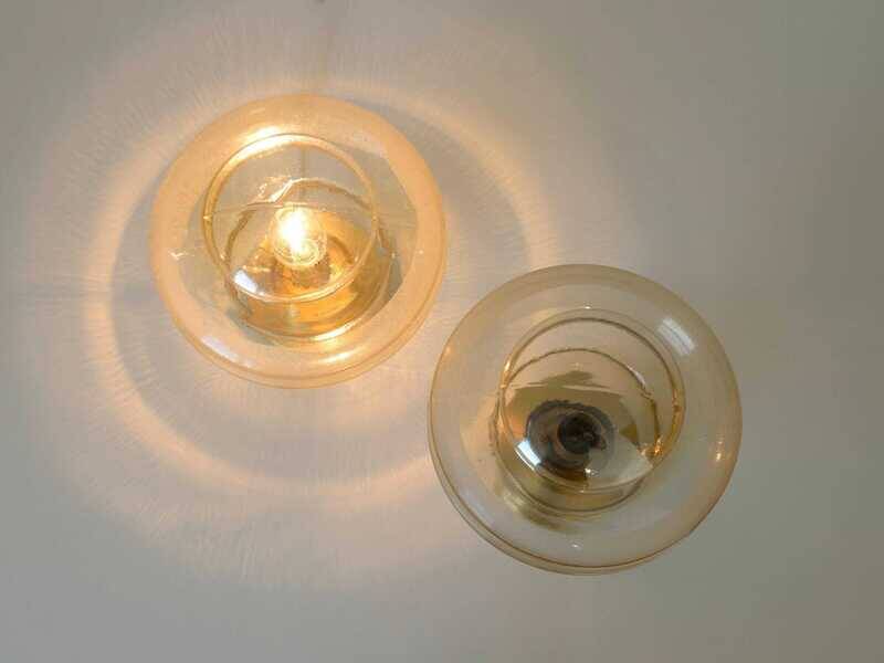 Set Of 2 Vintage Amber Glass Sconces MCM Brass Flush Mount Lights