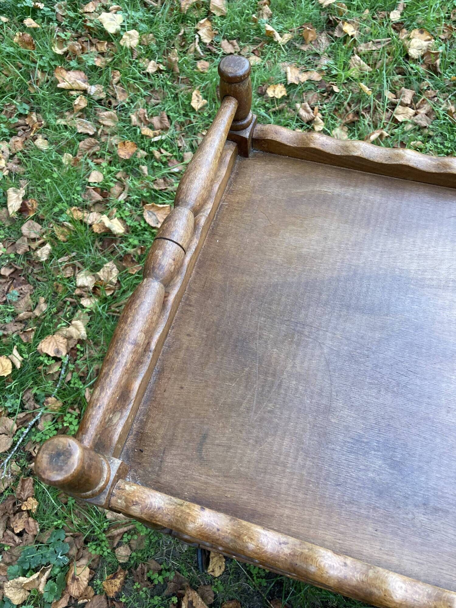 Wooden service turned on old wheels with bottle holder