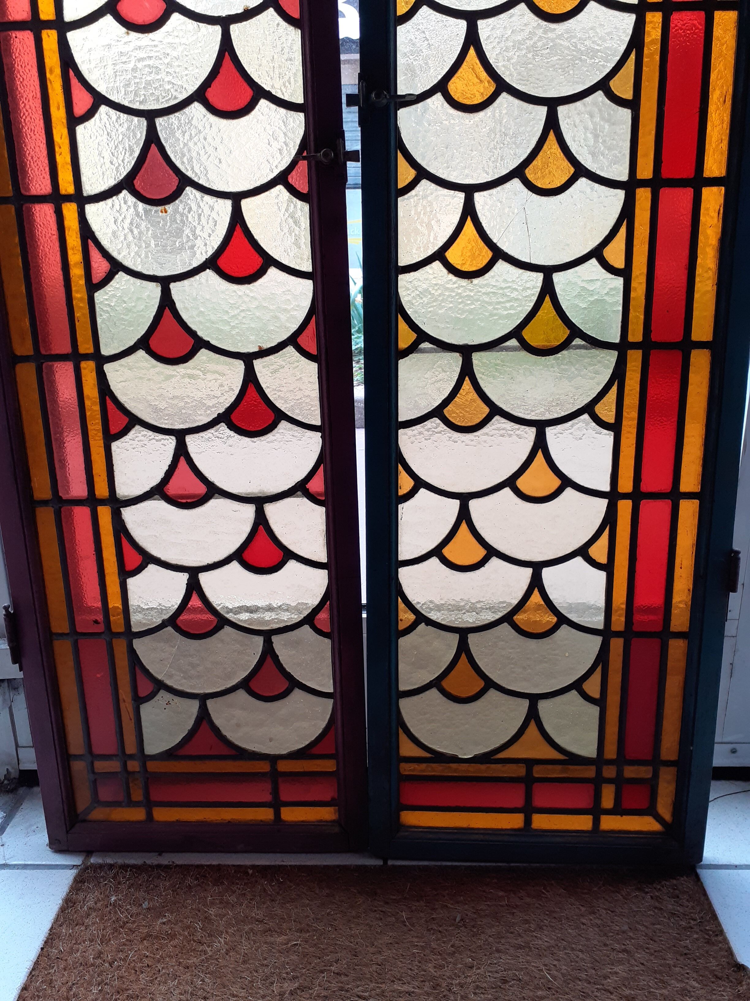2 painted oak doors, stained glass interior