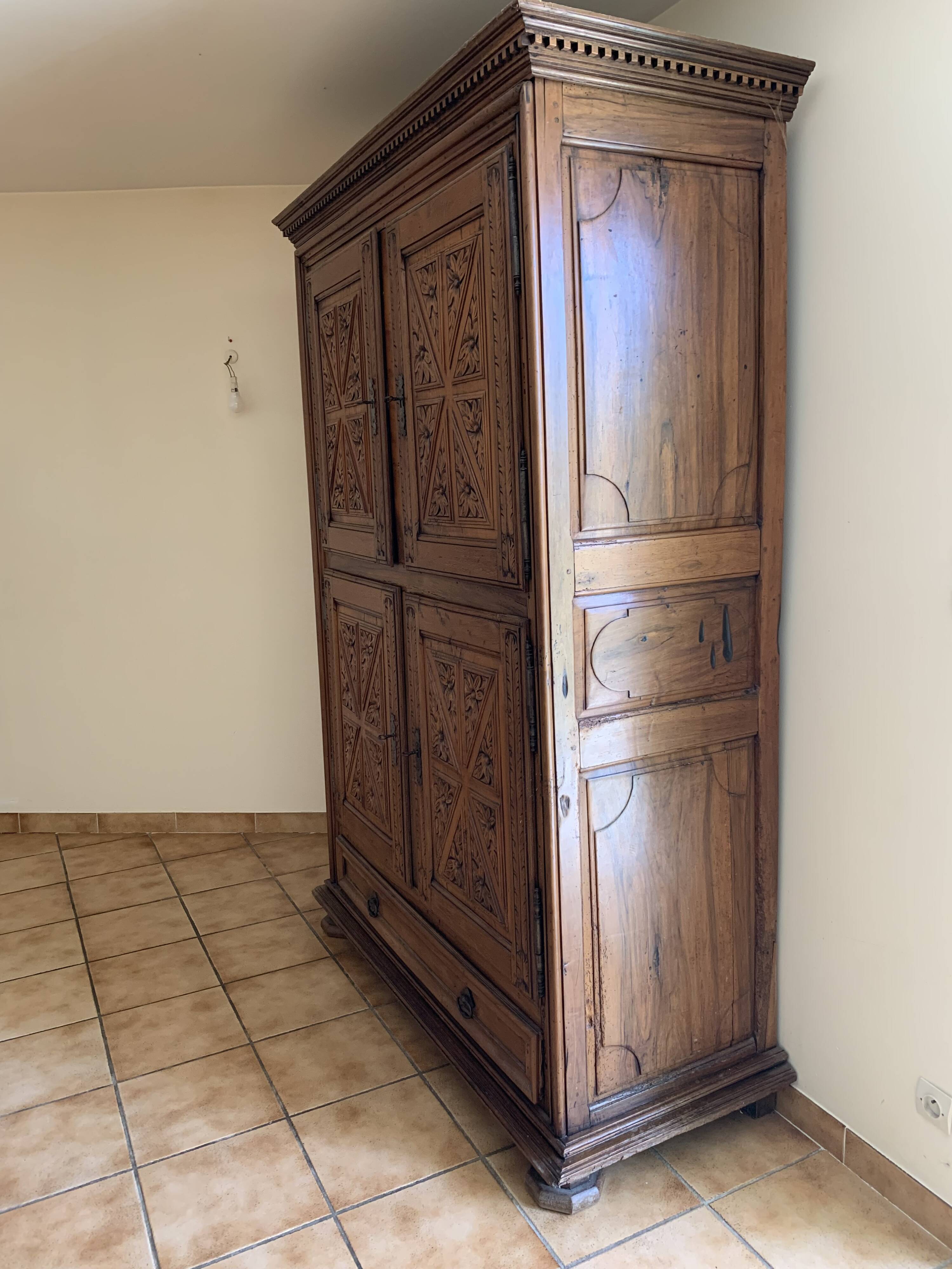 18th-century carved wardrobe, 4 doors, oak/cherry wood