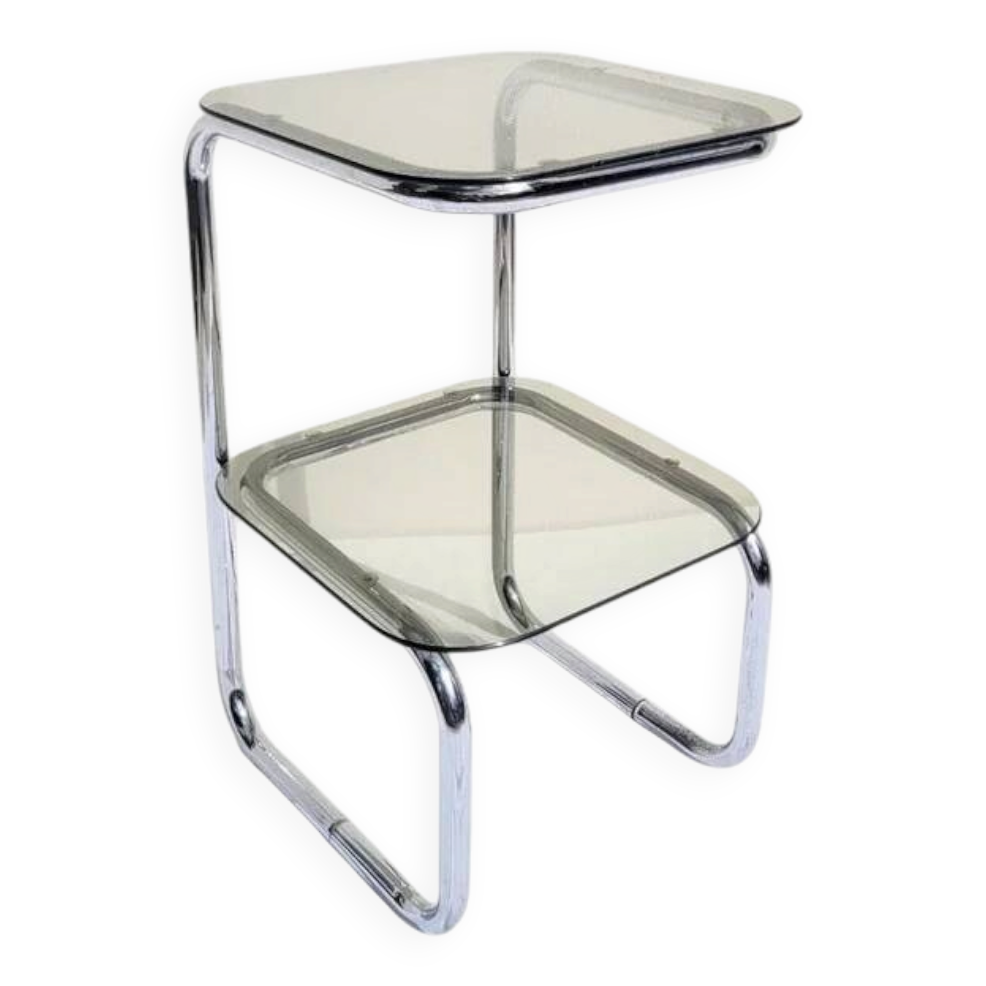 Vintage 1970s side table in chrome metal and smoked glass.