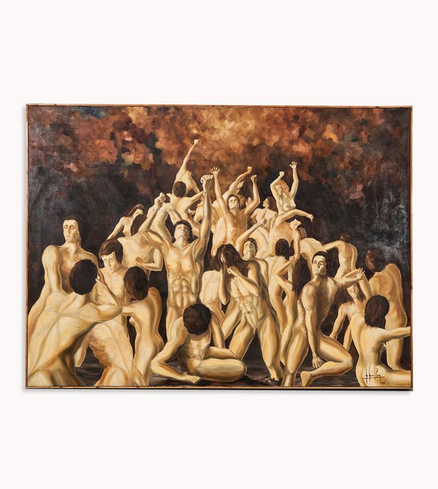 Grande peinture à l'huile "Purgatoire" des années 70