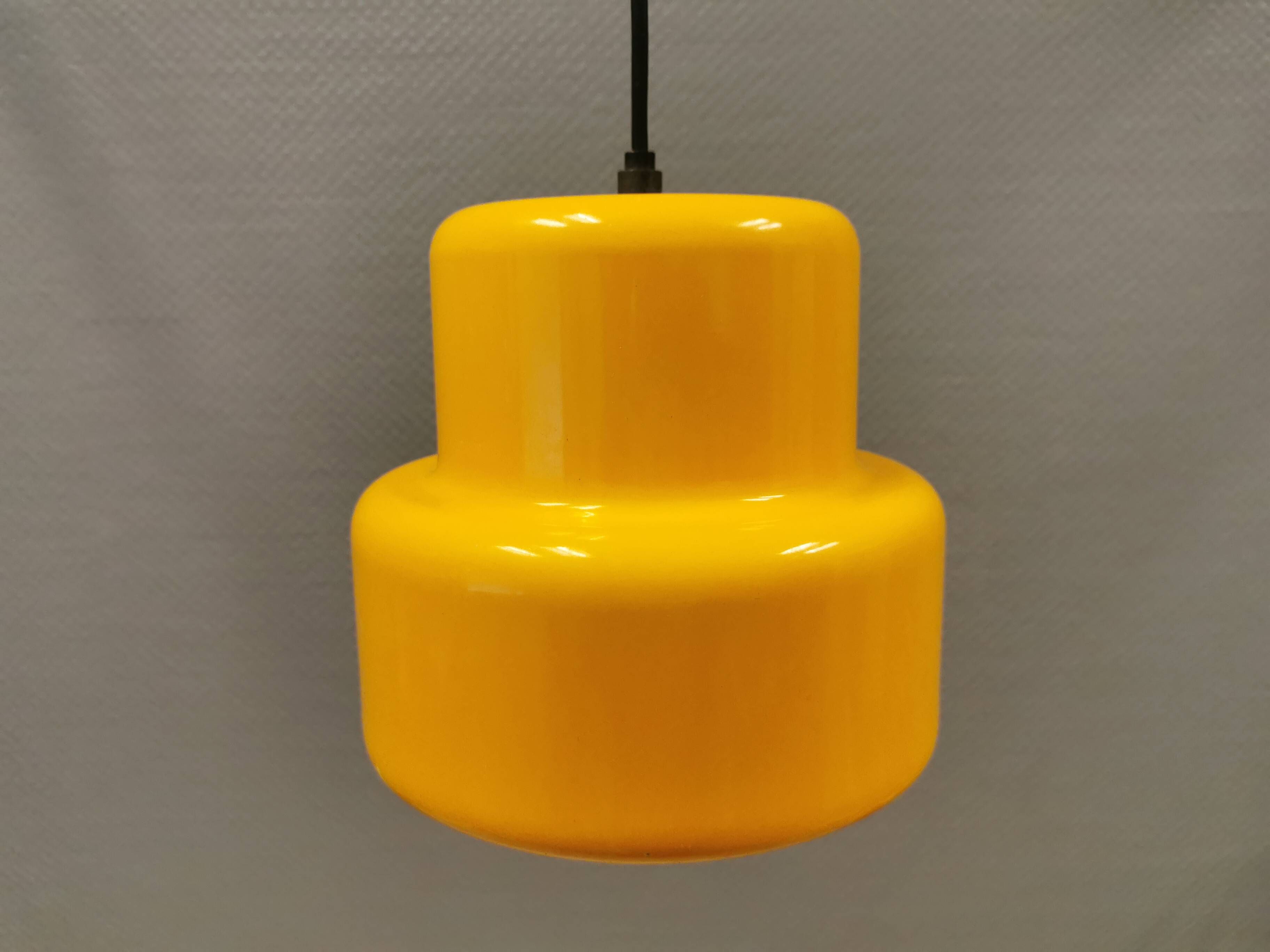 Mini poker hanging lamp in beautiful original sunny yellow color, designed by Jo Hammerborg 1977
