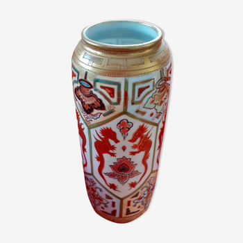 Japanese tube vase; decoration in fine gold, hand painted patterns some in relief.