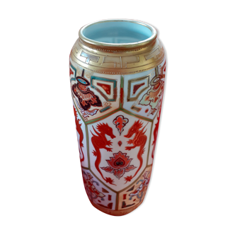 Japanese tube vase; decoration in fine gold, hand painted patterns some in relief.