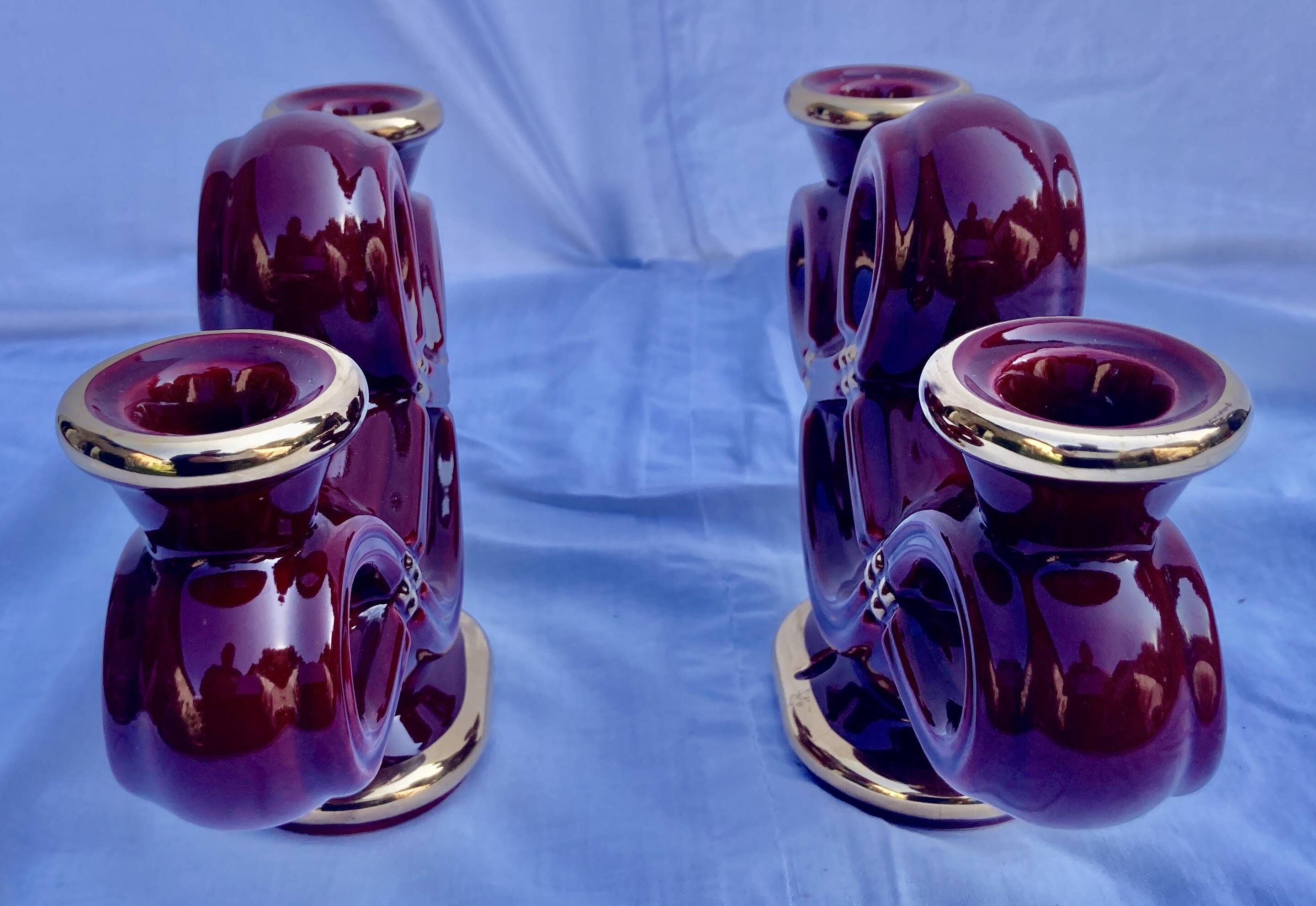 Double Candle Holder Vallauris Vintage Red Burgundy Ceramic Massier Style