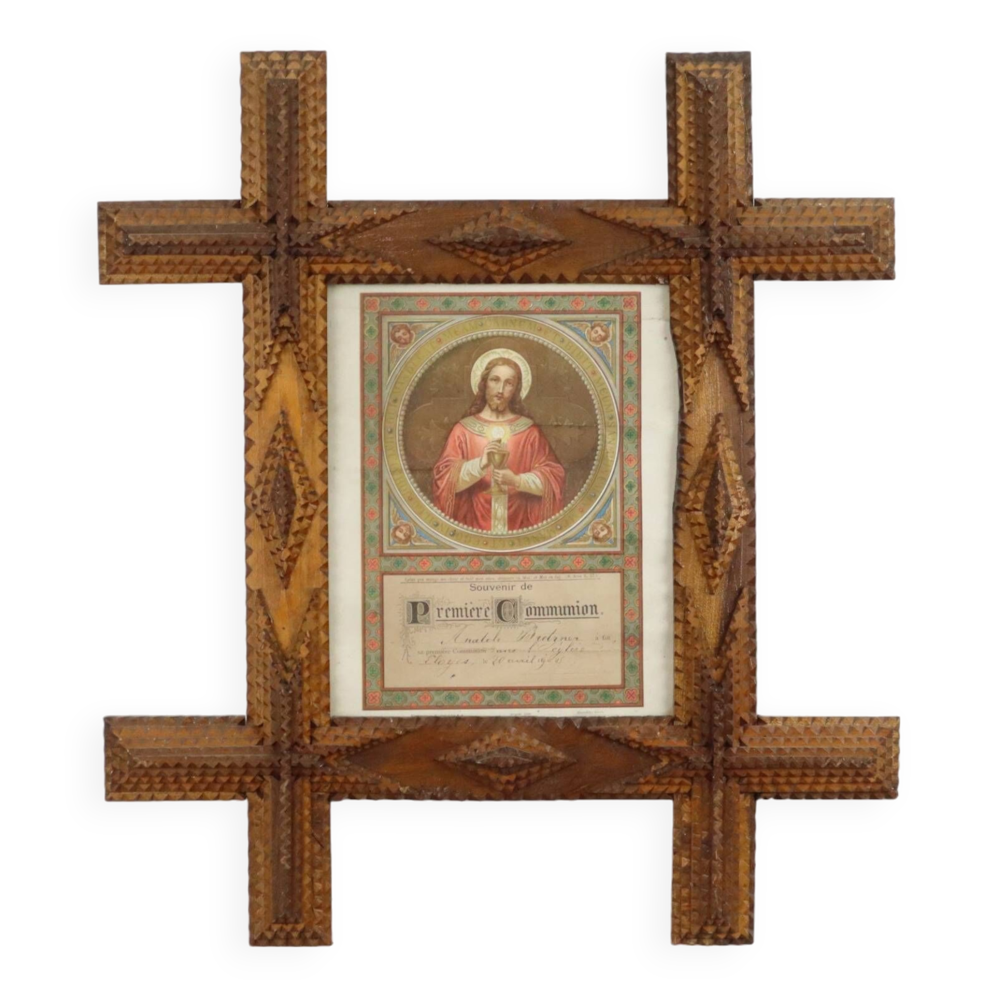 Tramp Art Frame Frame Wood Metal Studs Early 20th Century France 50cm
