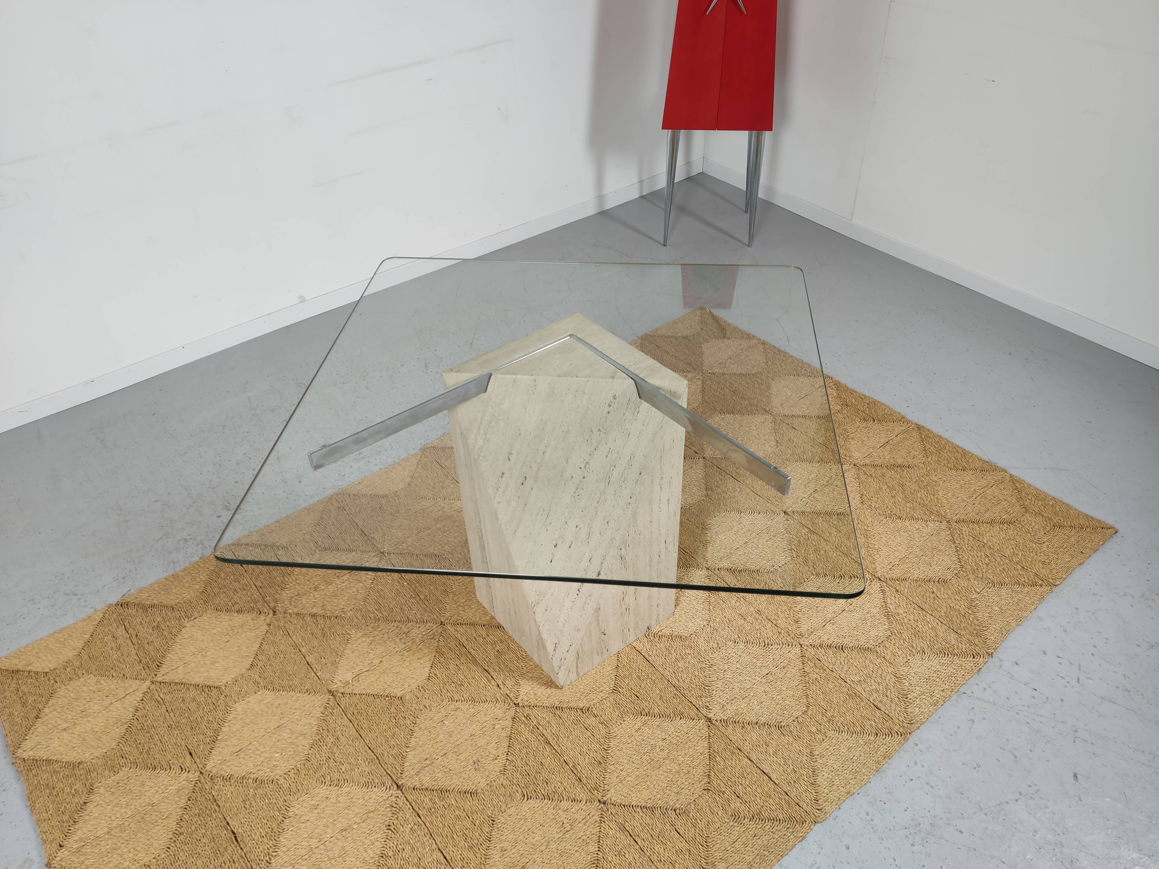 square dining table in travertine and glass , 80s