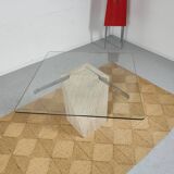 square dining table in travertine and glass , 80s