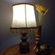 Rustic turned wood table lamp with vintage leather shade