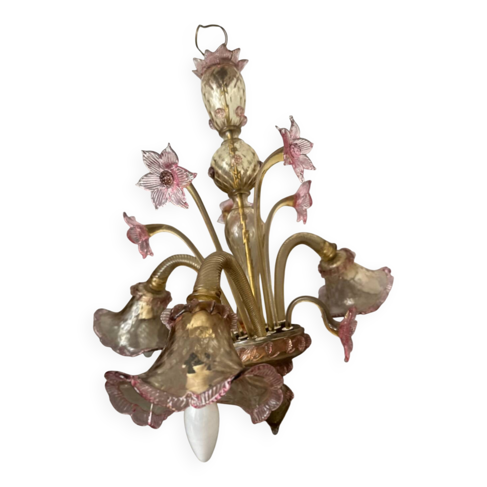 Murano glass chandelier Venetian flowers, circa 1950/1970 pink yellow