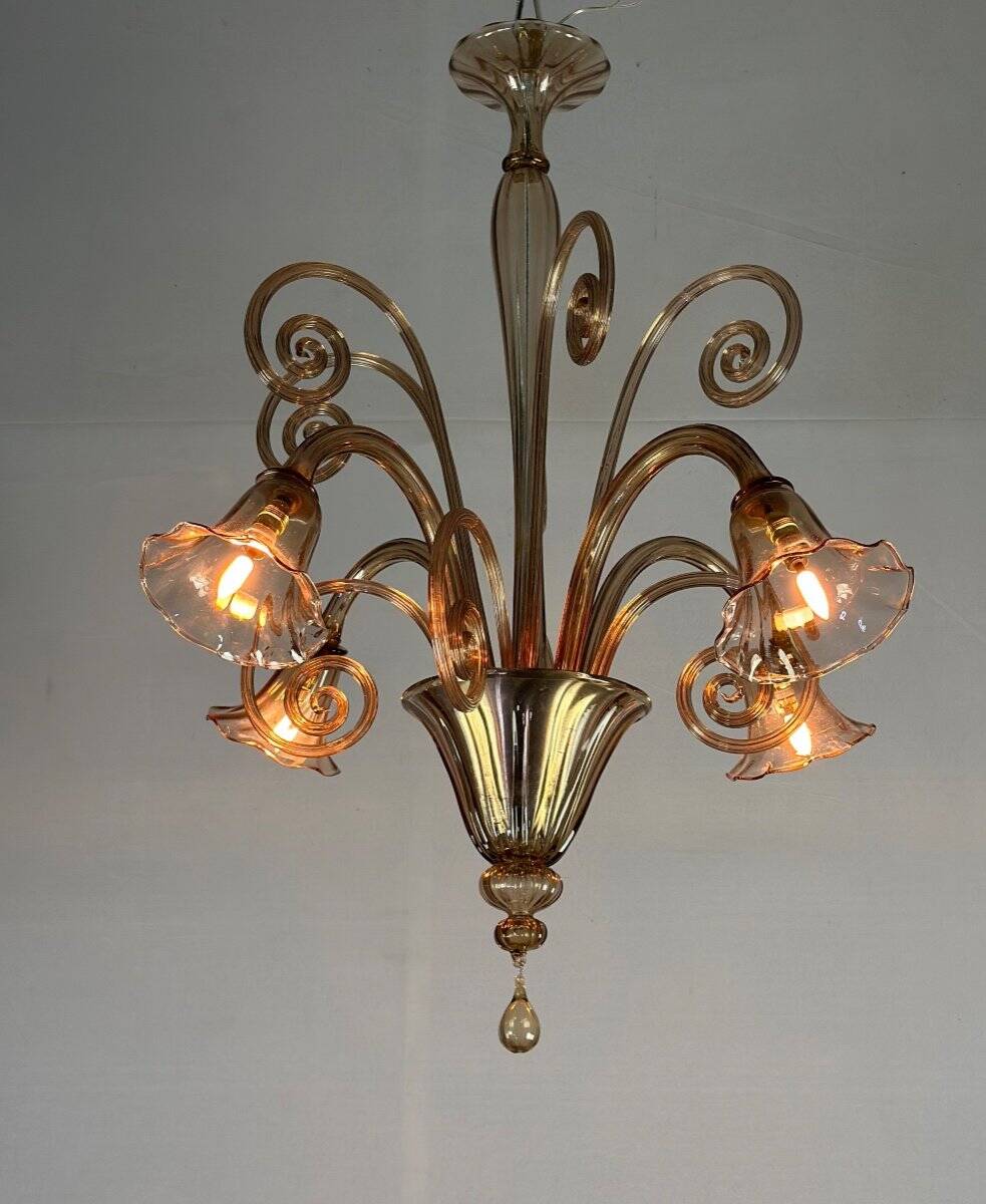 Venetian chandelier in gilded Murano glass, 4 light arms, circa 1940