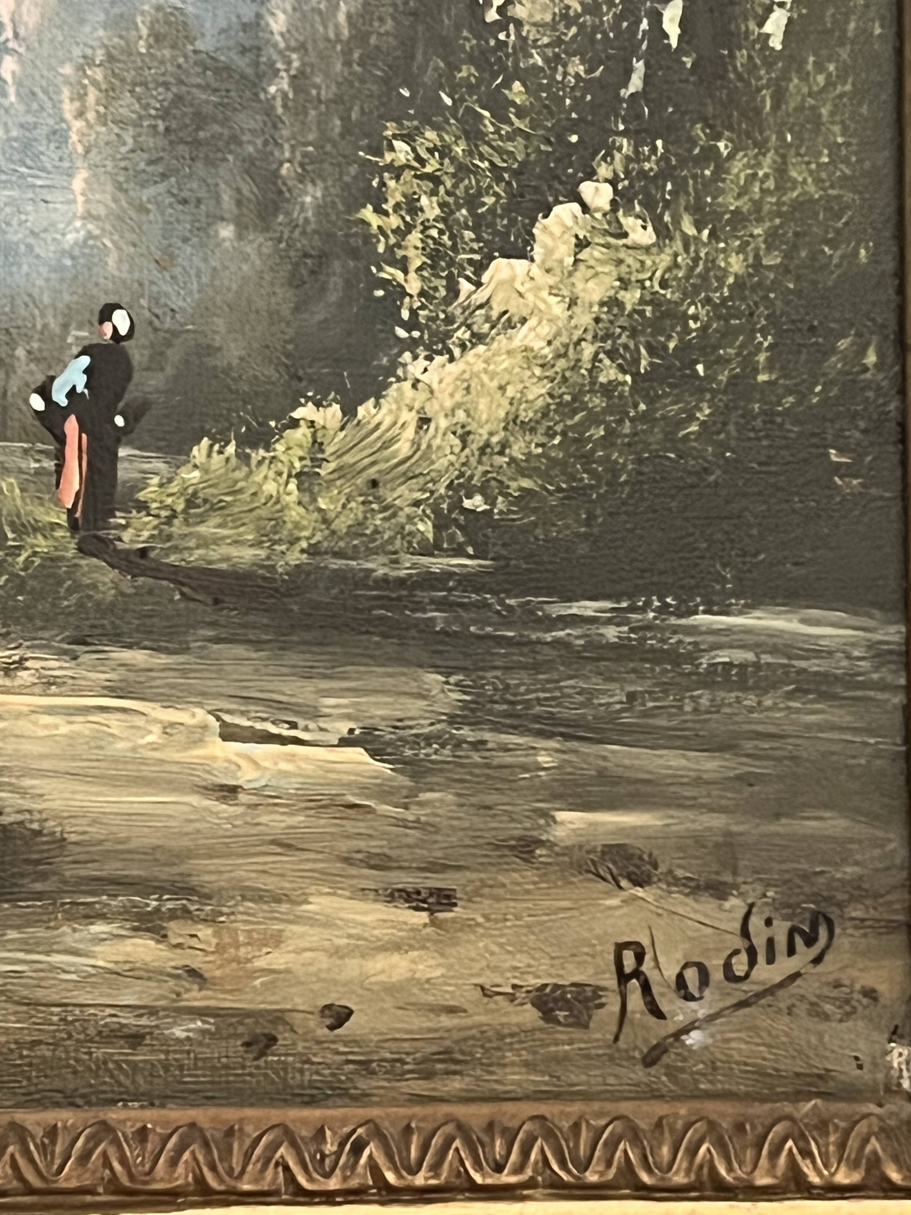 French school, HST animated landscape Barbizon signed late 19th century