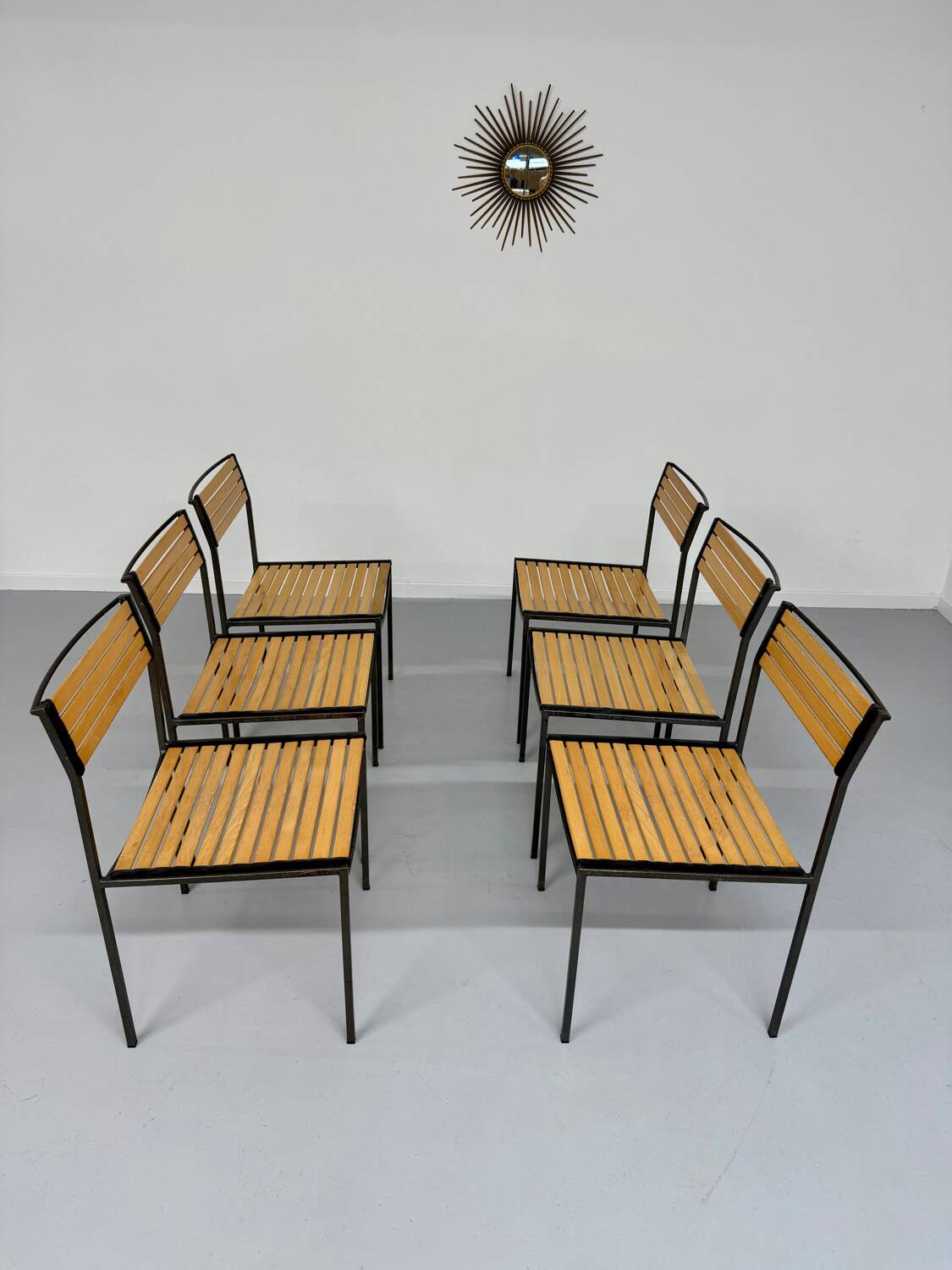 6 old metal and wood chairs, Italian design from the 80s, vintage