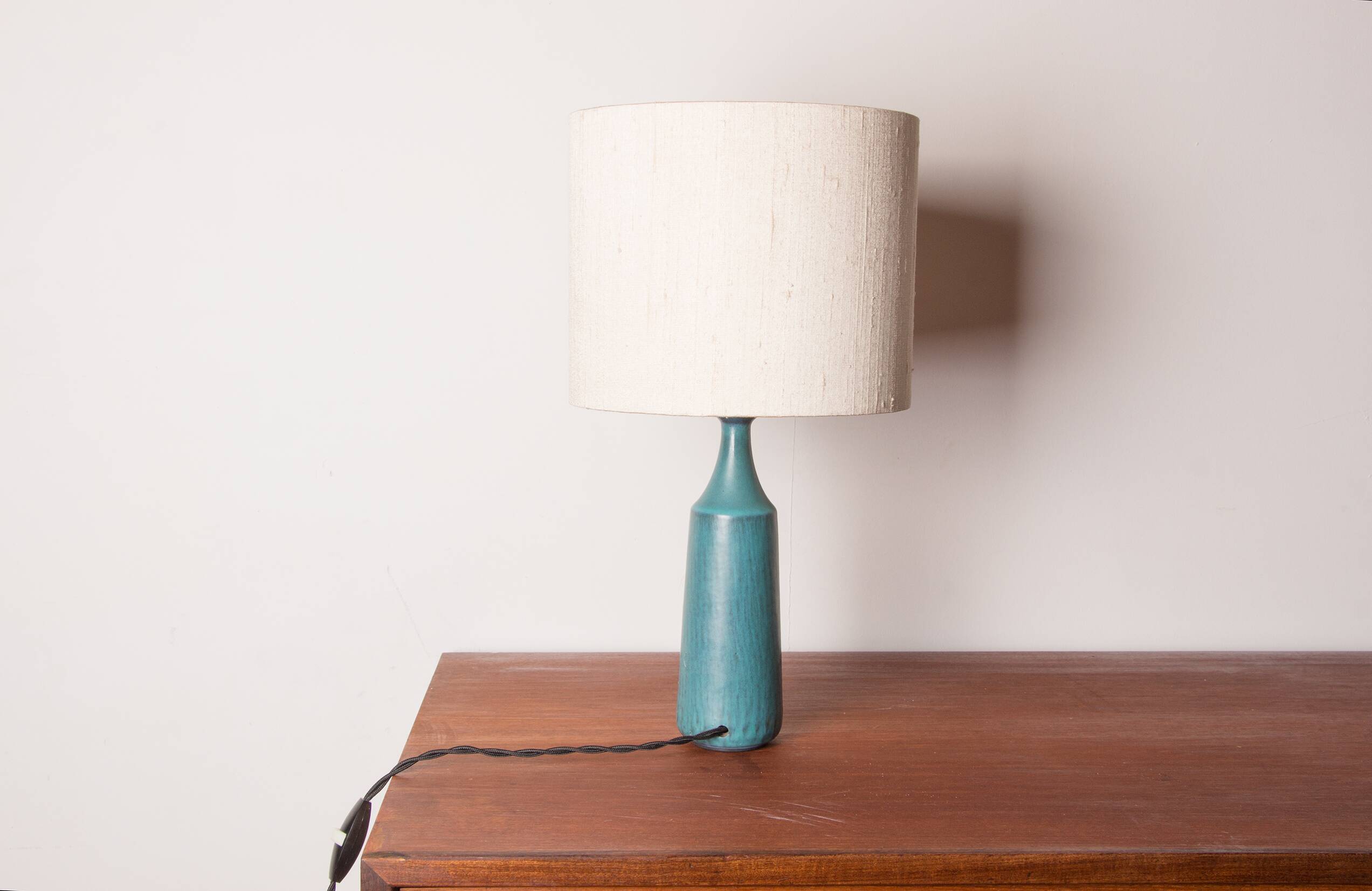 Danish truncated conical table lamp in matte blue sandstone by Gunnar Nylund for Nymolle 1960.