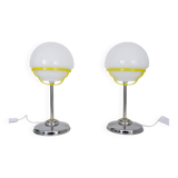 Pair of Space Age table lamps in chromed metal with opaline globe. 1970s