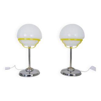 Pair of Space Age table lamps in chromed metal with opaline globe. 1970s