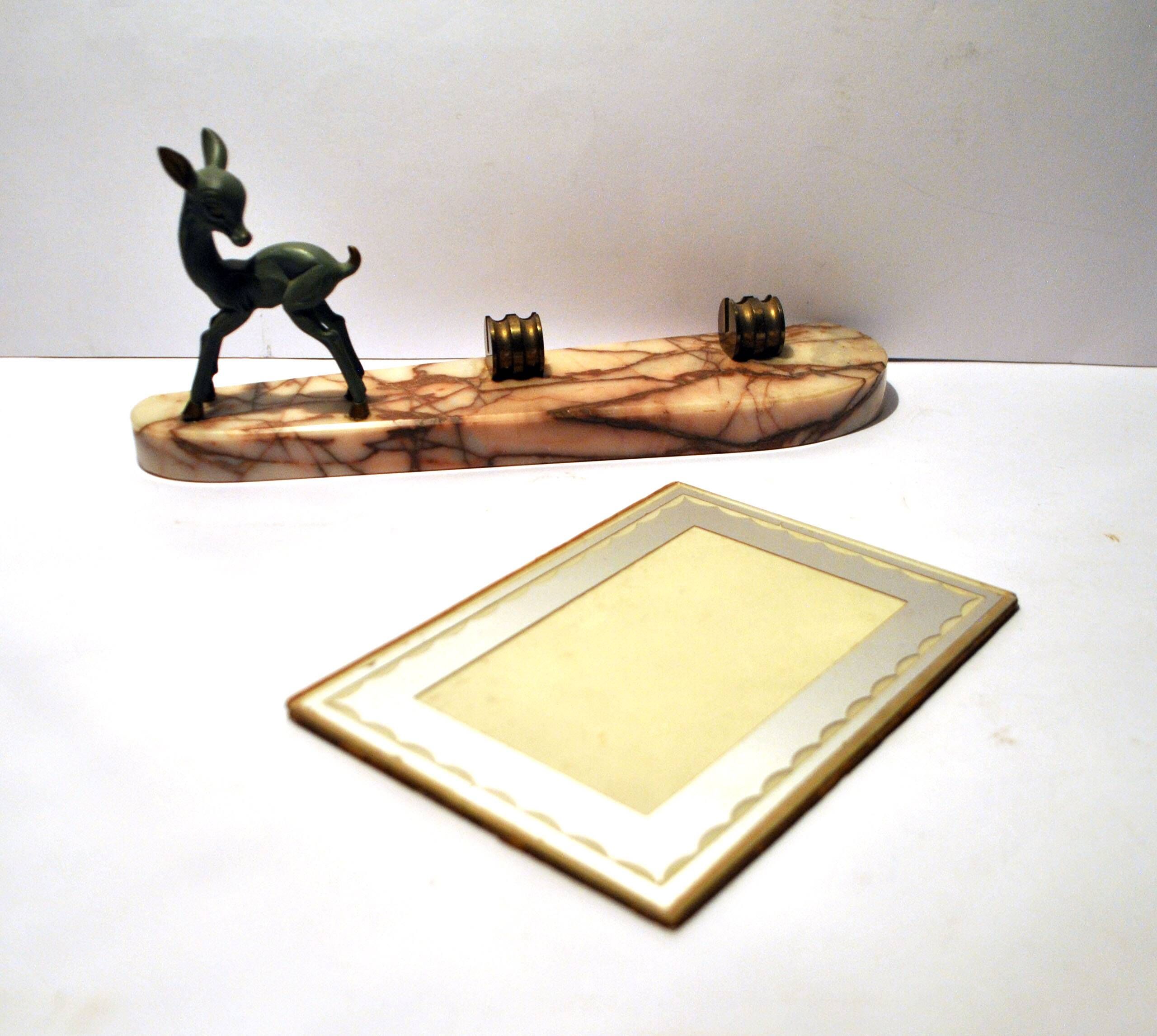 Art Deco Photo Frame Bambi Bronze Statuette and Mirror Glass 1940