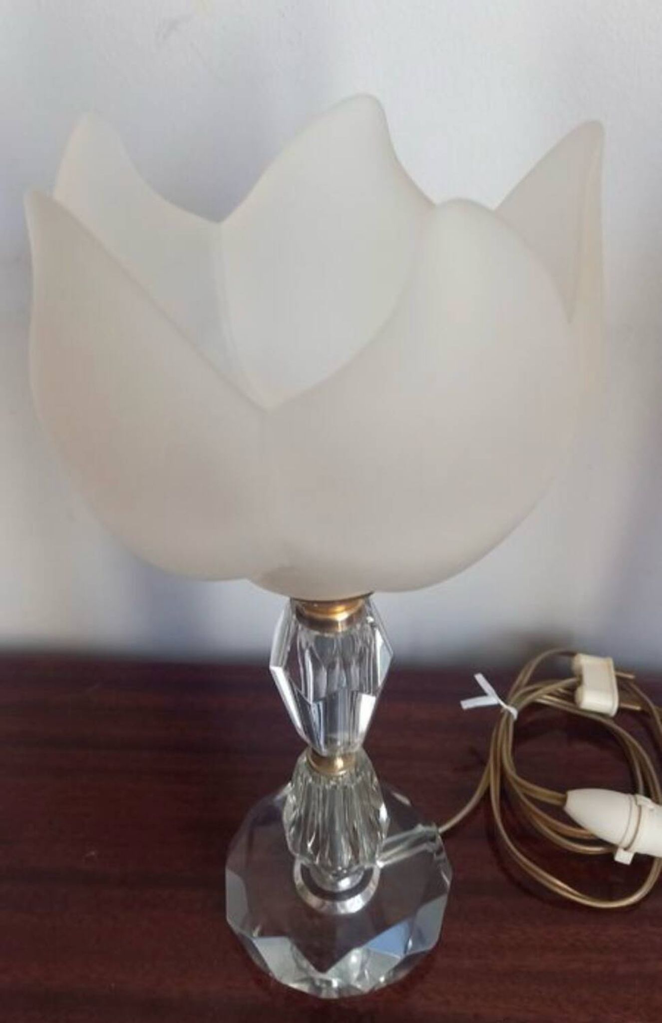 Pair of vintage table lamps in cut crystal and glass tulip.