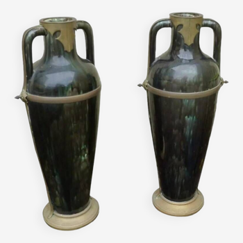 Ceramic vases with art nouveau brass frame.