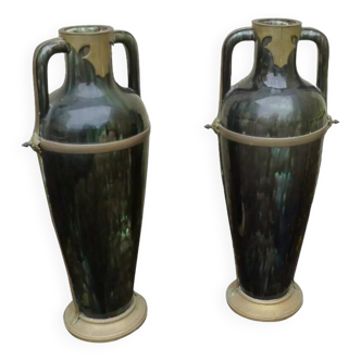 Ceramic vases with art nouveau brass frame.