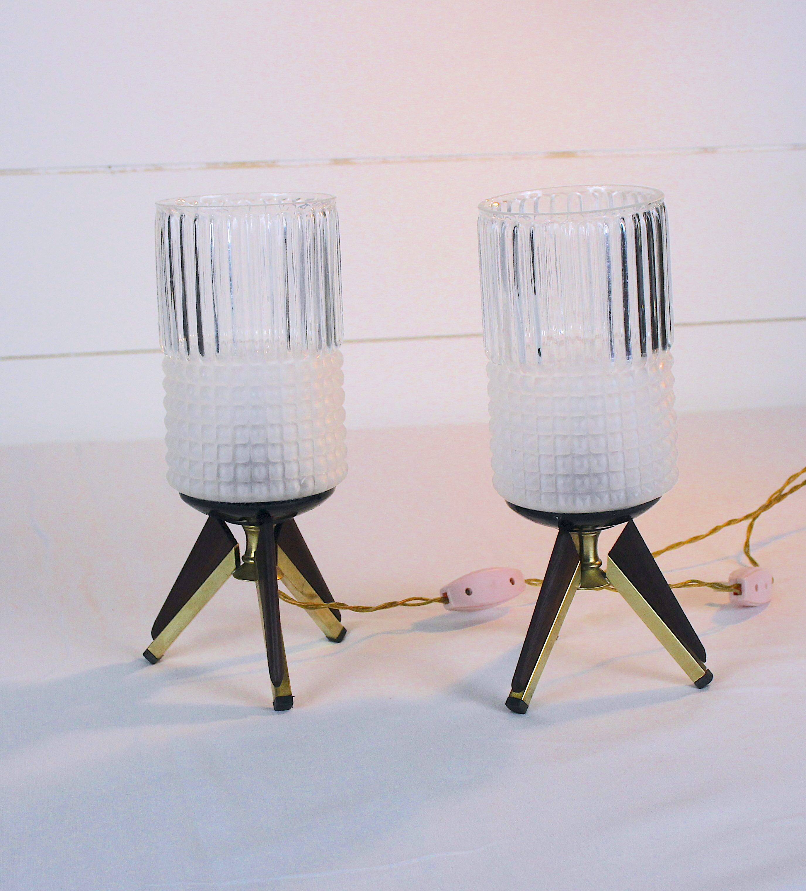 Pair of bedside lamps, Brass, Teak, Venetian glass, Italy, 1950