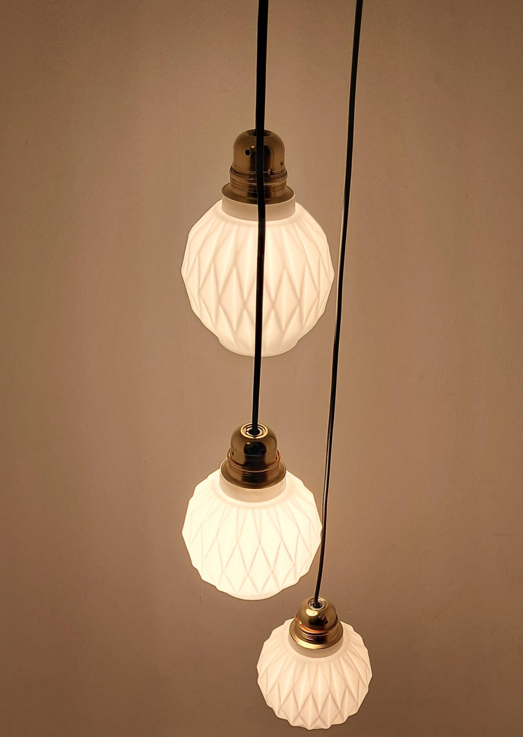 Origami white opaline three-light pendant light